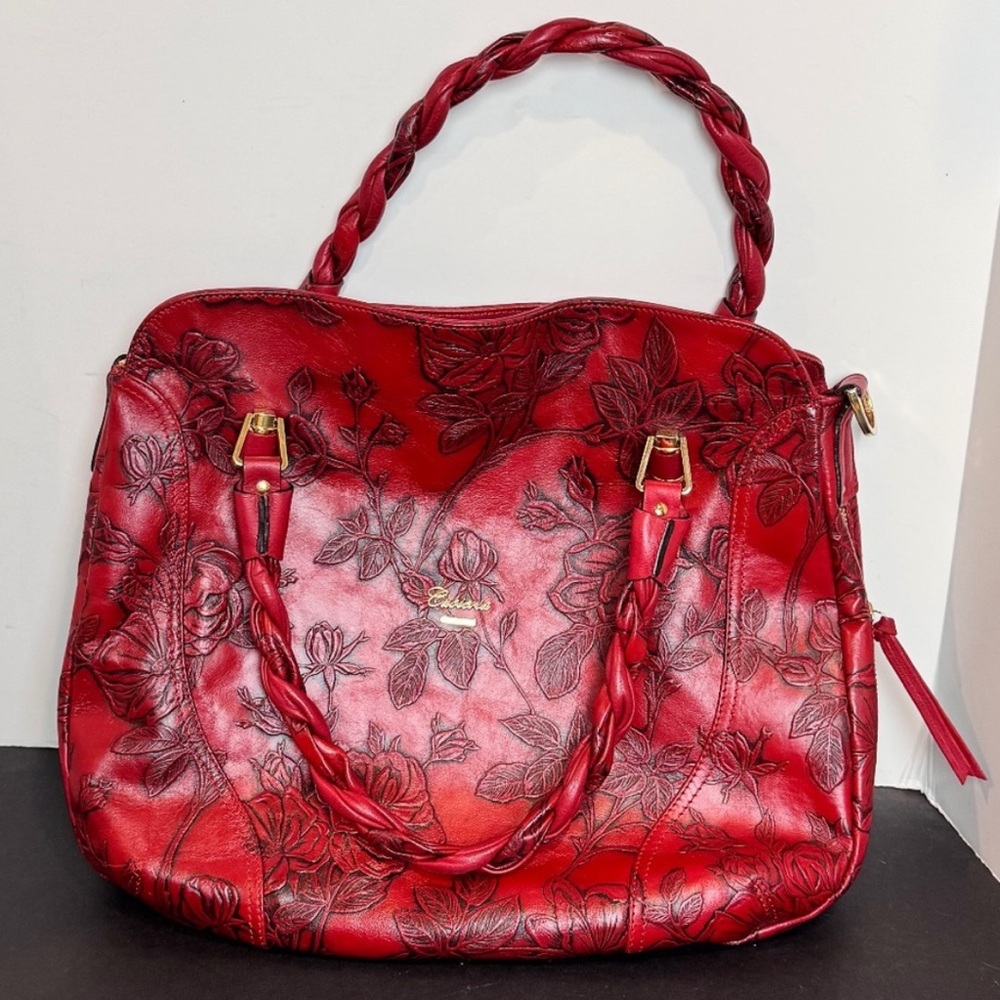 Cuoieria Fiorentina Signature Floral Leather Stamped Red Shoulder Bag